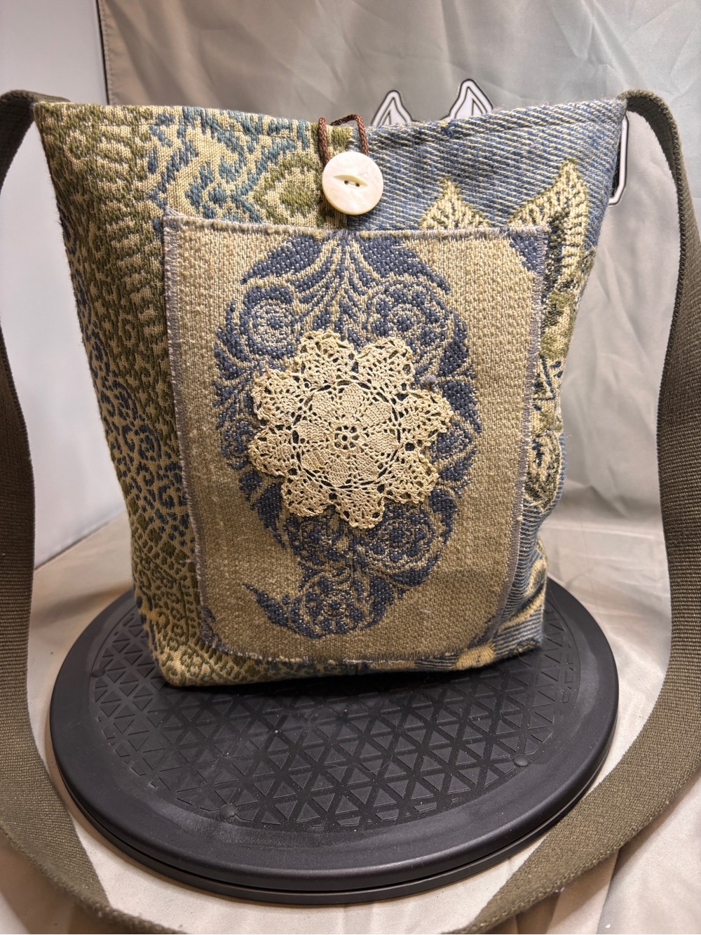 Handwoven Blue and Cream Crossbody Bag - Boho Floral Design